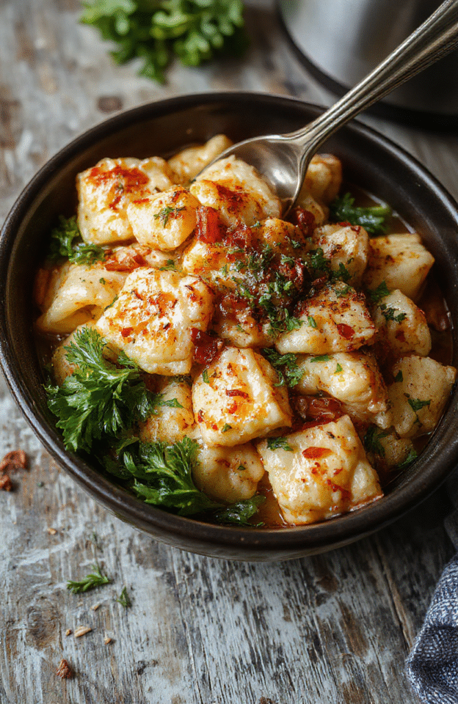 A vibrant bowl of chicken tortellini stew with melted cheese, green spinach leaves, and tender shredded chicken, topped with fresh herbs on a rustic wooden table with a warm, inviting atmosphere.
