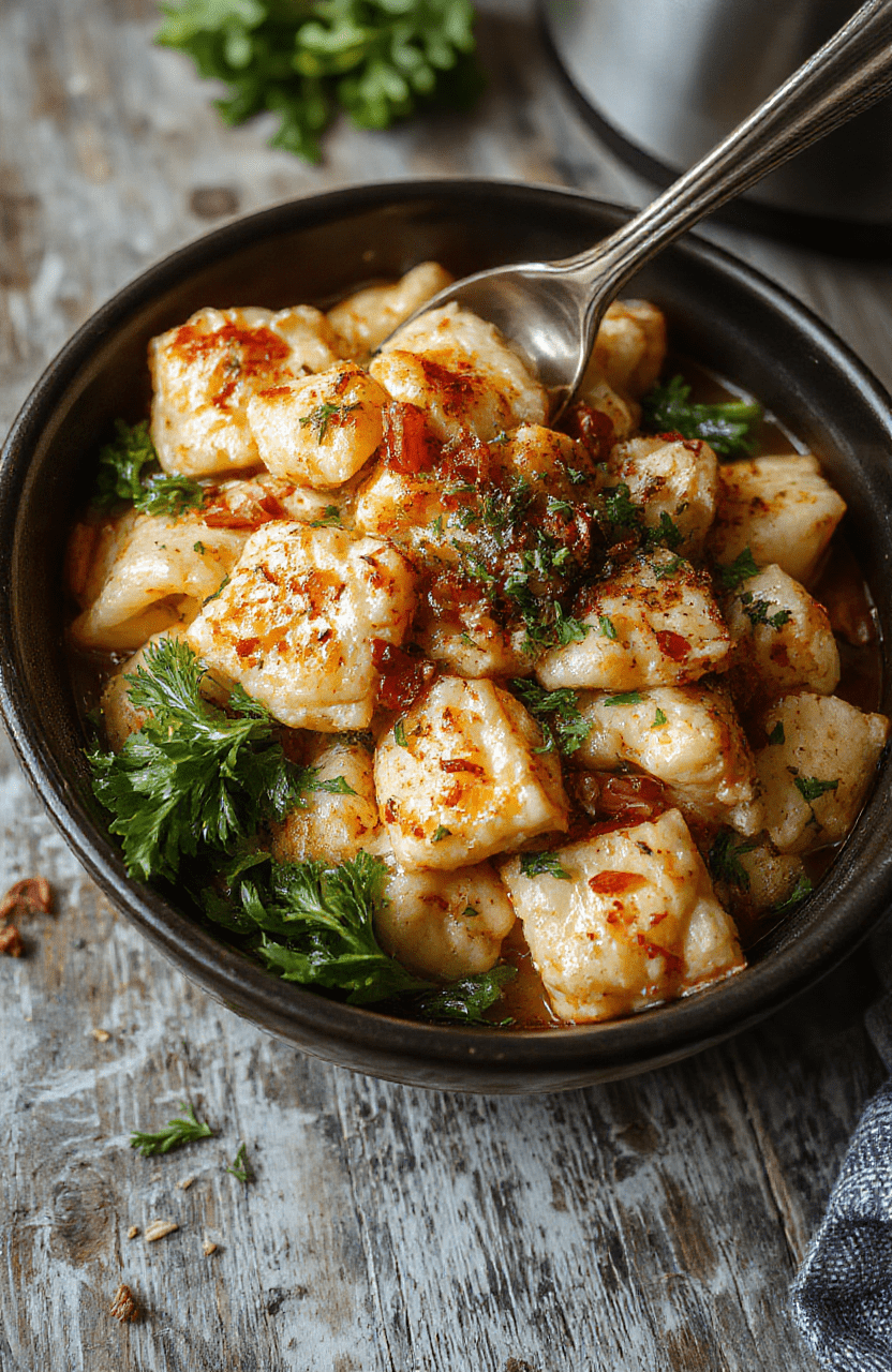 A vibrant bowl of chicken tortellini stew with melted cheese, green spinach leaves, and tender shredded chicken, topped with fresh herbs on a rustic wooden table with a warm, inviting atmosphere.