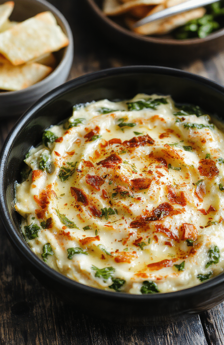 A vibrant creamy spinach and artichoke dip served in a rustic bowl, topped with melted cheese and sprinkled with fresh herbs. The dip is surrounded by crispy pita chips and fresh vegetable sticks, all arranged on a wooden table. The colors are warm and inviting, highlighting the textures of the creamy dip and crunchy chips. The presentation is casual yet appetizing, perfect for a party setting.