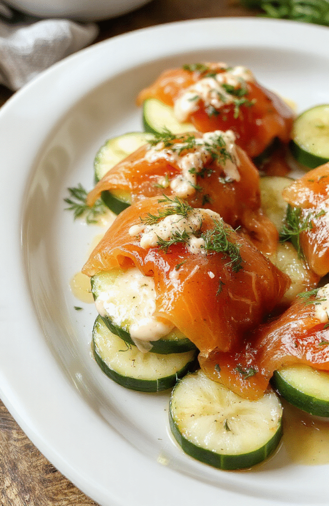 A close-up of elegant cucumber slices topped with smoked salmon, creamy dill sauce, and fresh herbs. The presentation is minimalist, emphasizing the vibrant green of the cucumbers and the rich orange of the salmon, with a light drizzle of sauce, styled neatly on a white platter with a blurred background highlighting natural light and fresh ingredients.