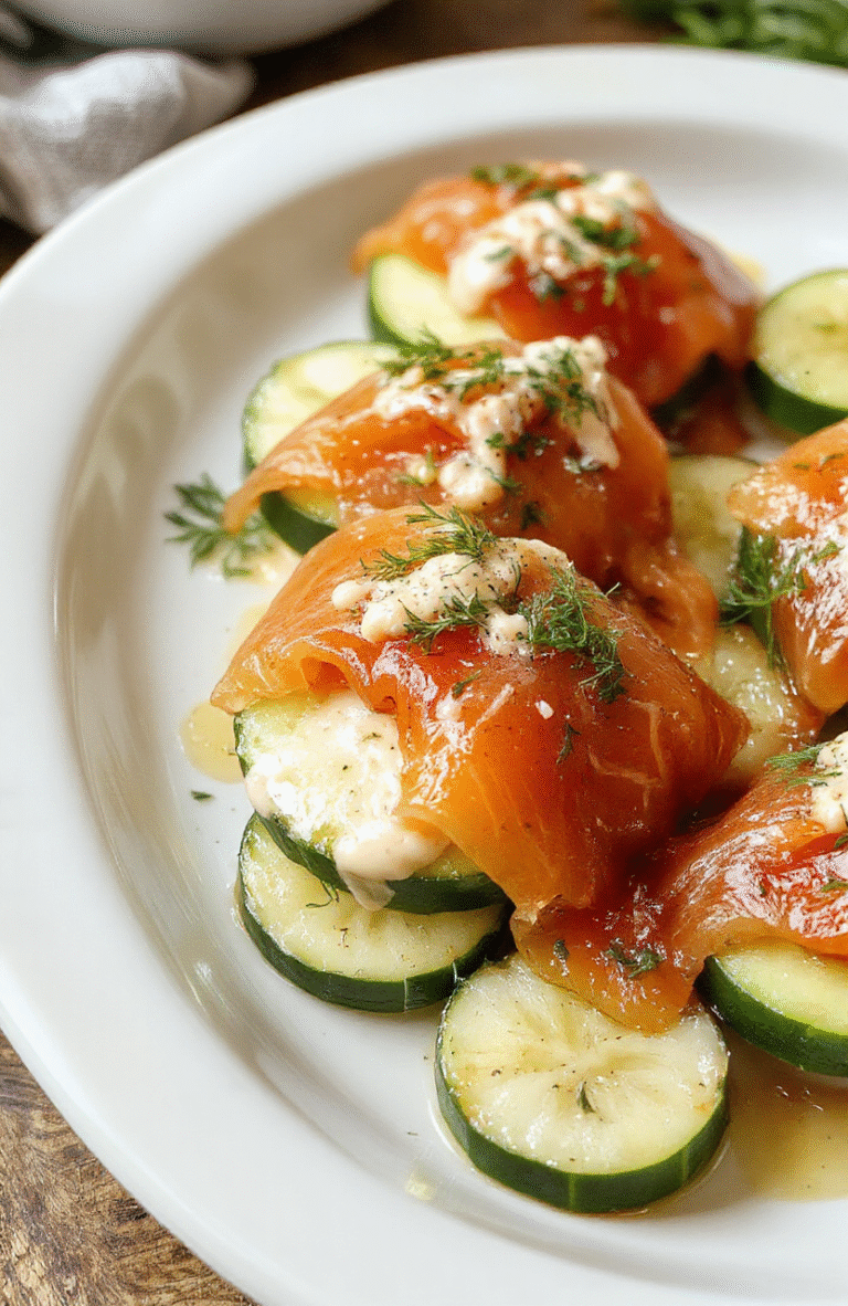 A close-up of elegant cucumber slices topped with smoked salmon, creamy dill sauce, and fresh herbs. The presentation is minimalist, emphasizing the vibrant green of the cucumbers and the rich orange of the salmon, with a light drizzle of sauce, styled neatly on a white platter with a blurred background highlighting natural light and fresh ingredients.