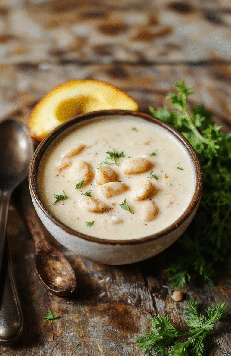 A vibrant bowl of white bean soup topped with fresh herbs, served on a rustic wooden table. The creamy soup has a smooth texture with bits of beans visible, garnished with chopped parsley and a drizzle of olive oil. The warm neutral tones of the soup contrast beautifully with the green herbs, creating an inviting and wholesome scene.