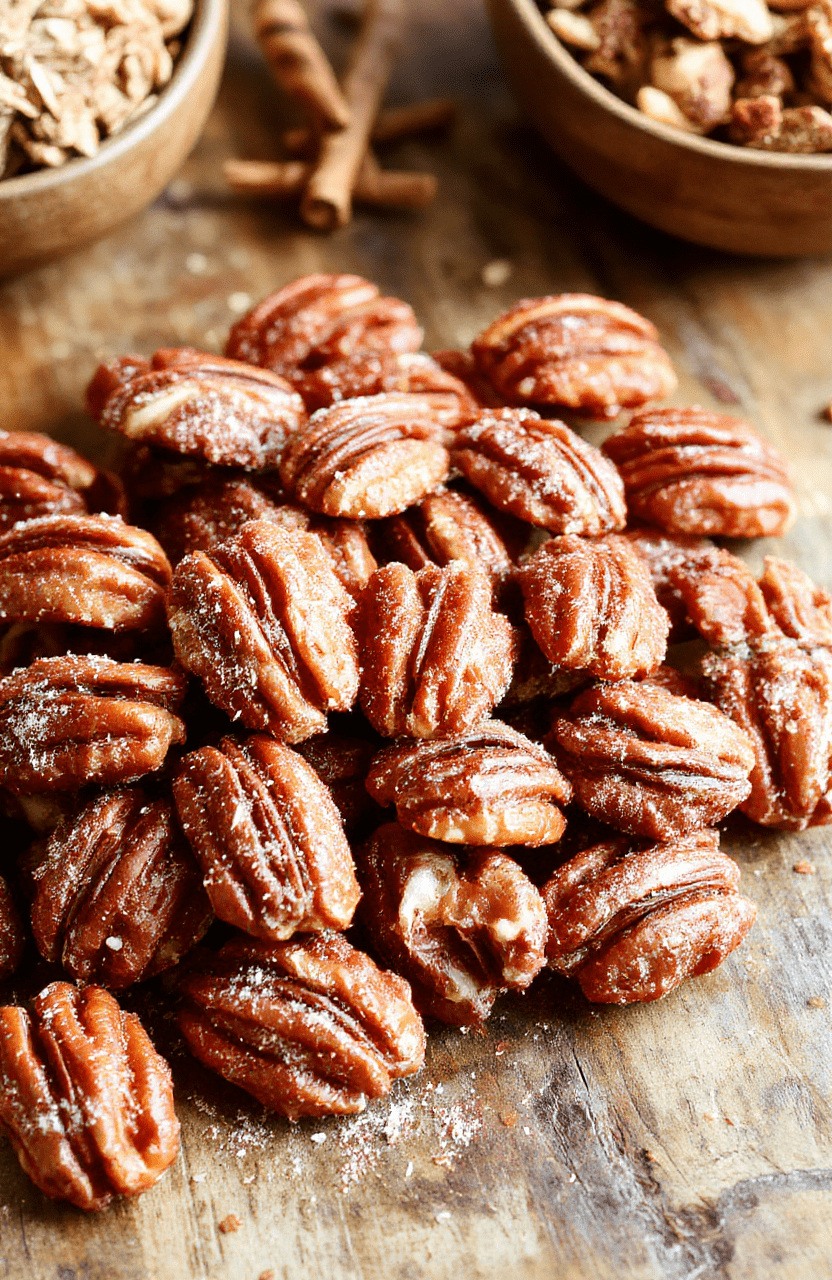 Golden-brown cinnamon sugar pecans piled on a rustic wooden surface, coated with a glossy cinnamon-sugar glaze, with a few pecans scattered nearby, styled simply for a cozy, appetizing look.