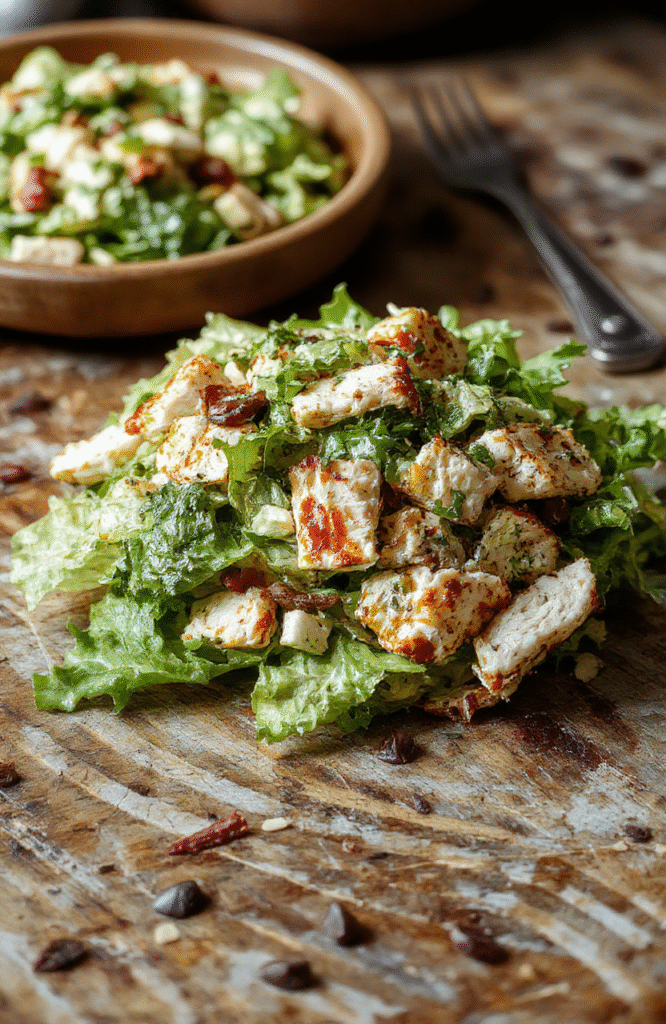 A vibrant bowl of millionaire dollar chicken salad featuring shredded chicken, crunchy celery, and creamy dressing, garnished with fresh herbs, presented on a rustic wooden surface with colorful vegetables and a fork in the background, emphasizing textures and freshness.