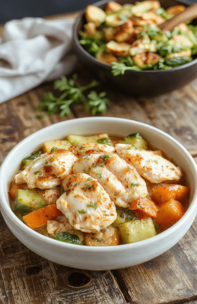A vibrant plate featuring tender chicken pieces accompanied by colorful mixed vegetables such as bell peppers, carrots, and zucchini, all cooked together in a single pot. The dish appears freshly cooked with steam rising, served on a rustic wooden platter, with a fresh sprig of herbs on top, showcasing textures from crispy edges to tender, juicy meat and crisp vegetables, styled simply for appetizing presentation.