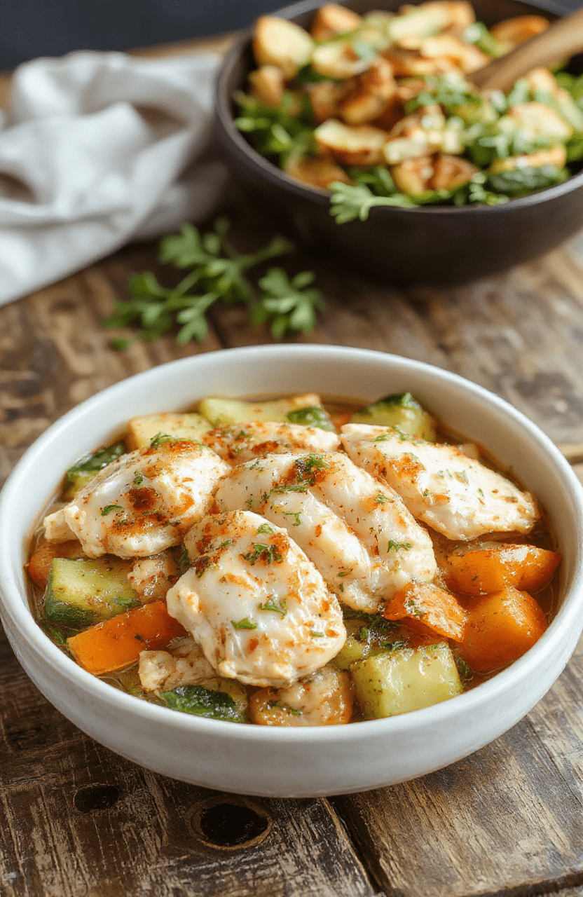A vibrant plate featuring tender chicken pieces accompanied by colorful mixed vegetables such as bell peppers, carrots, and zucchini, all cooked together in a single pot. The dish appears freshly cooked with steam rising, served on a rustic wooden platter, with a fresh sprig of herbs on top, showcasing textures from crispy edges to tender, juicy meat and crisp vegetables, styled simply for appetizing presentation.