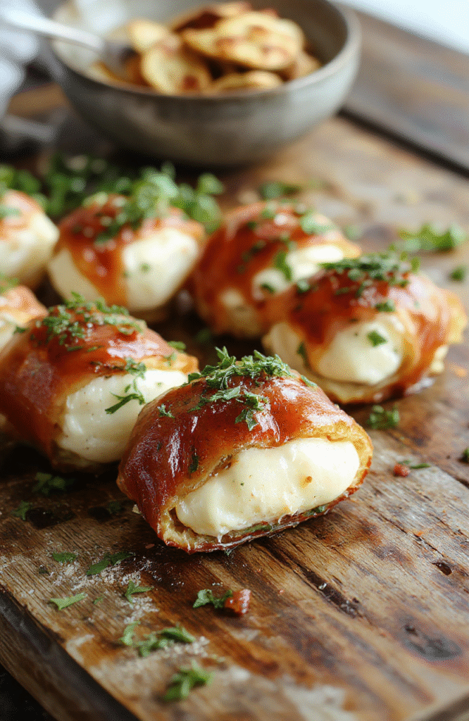 Golden-brown prosciutto-wrapped mozzarella bites arranged on a rustic wooden platter, with the creamy cheese slightly melting, garnished with fresh basil leaves and a drizzle of balsamic glaze, styled with a soft background for an inviting presentation