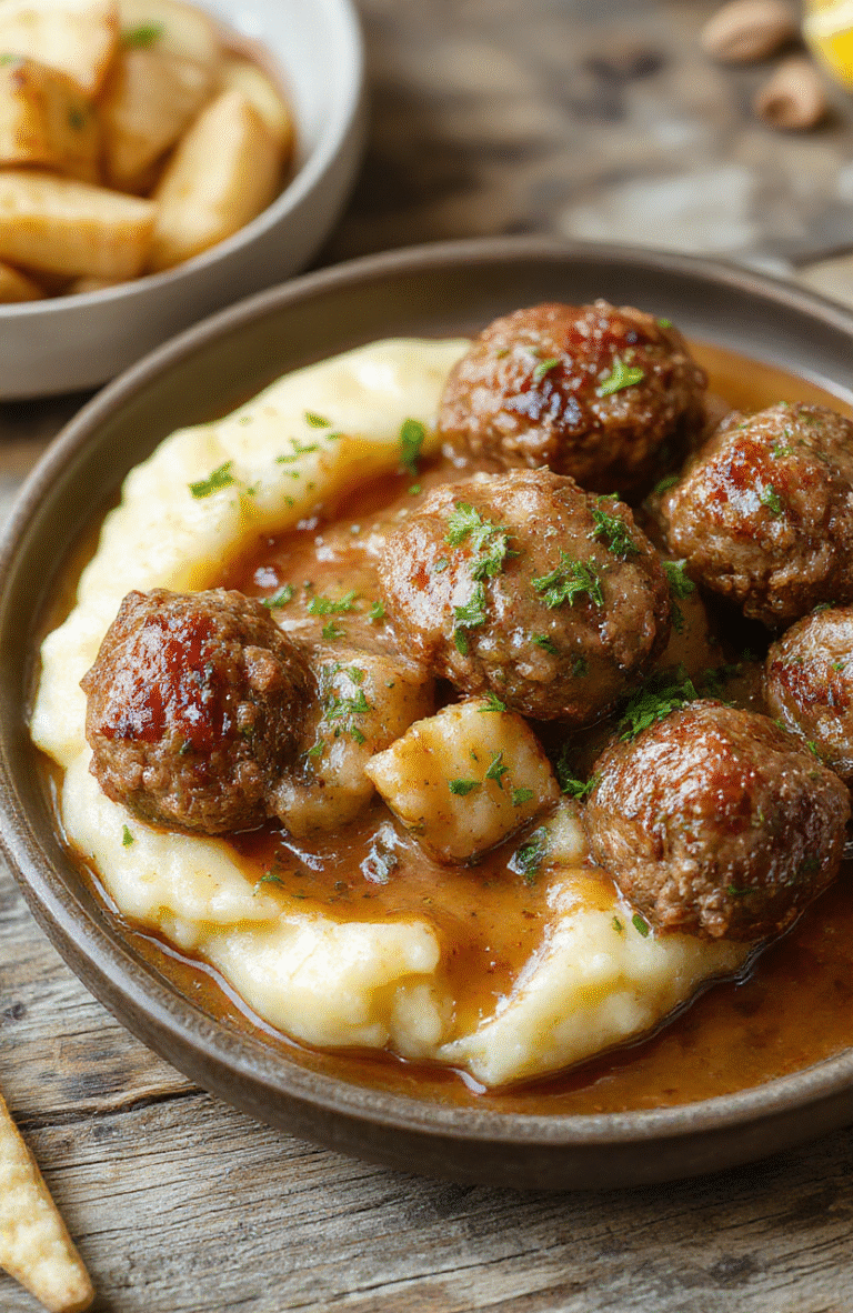 A vibrant plate featuring golden-brown Salisbury steak meatballs glazed with a savory sauce, served alongside creamy garlic herb mashed potatoes topped with fresh herbs, garnished with a sprig of parsley, styled on a rustic wooden table with natural lighting highlighting the textures and rich colors.