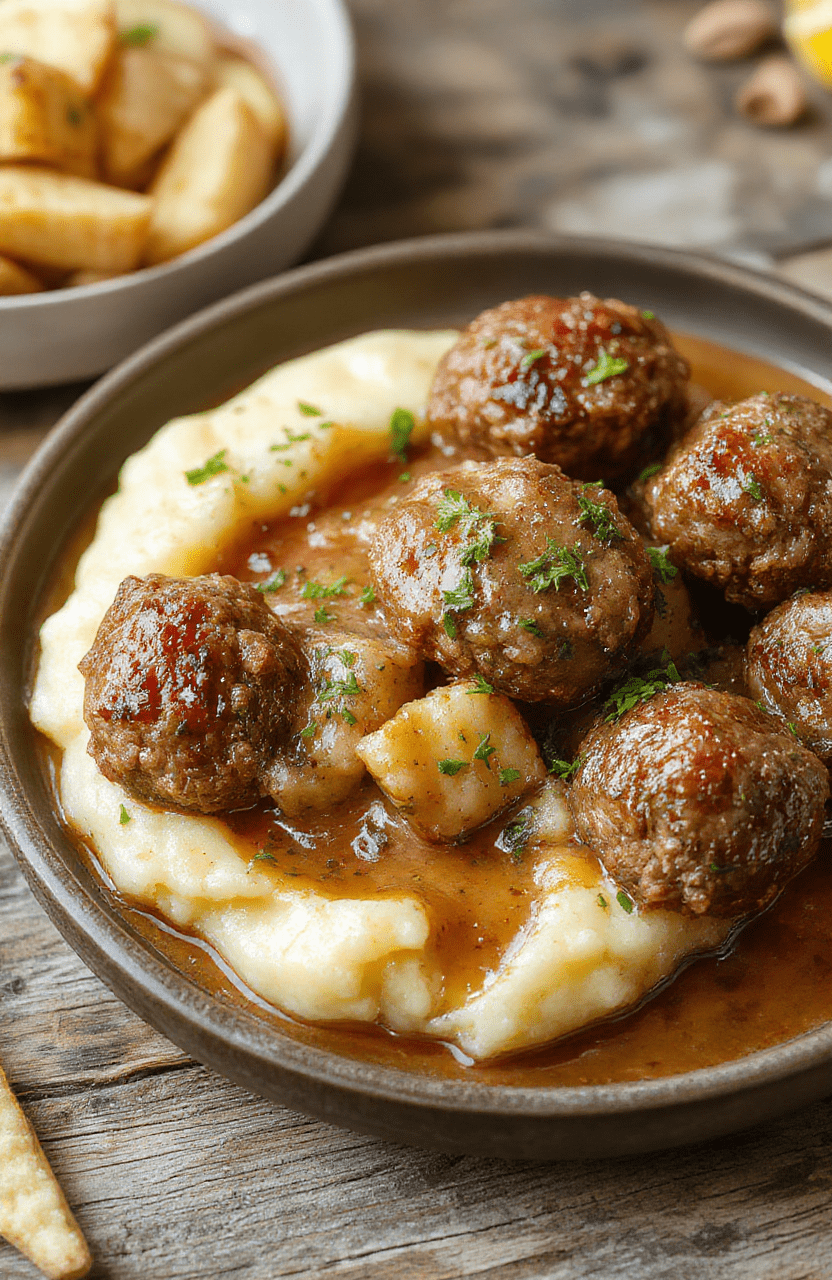 A vibrant plate featuring golden-brown Salisbury steak meatballs glazed with a savory sauce, served alongside creamy garlic herb mashed potatoes topped with fresh herbs, garnished with a sprig of parsley, styled on a rustic wooden table with natural lighting highlighting the textures and rich colors.