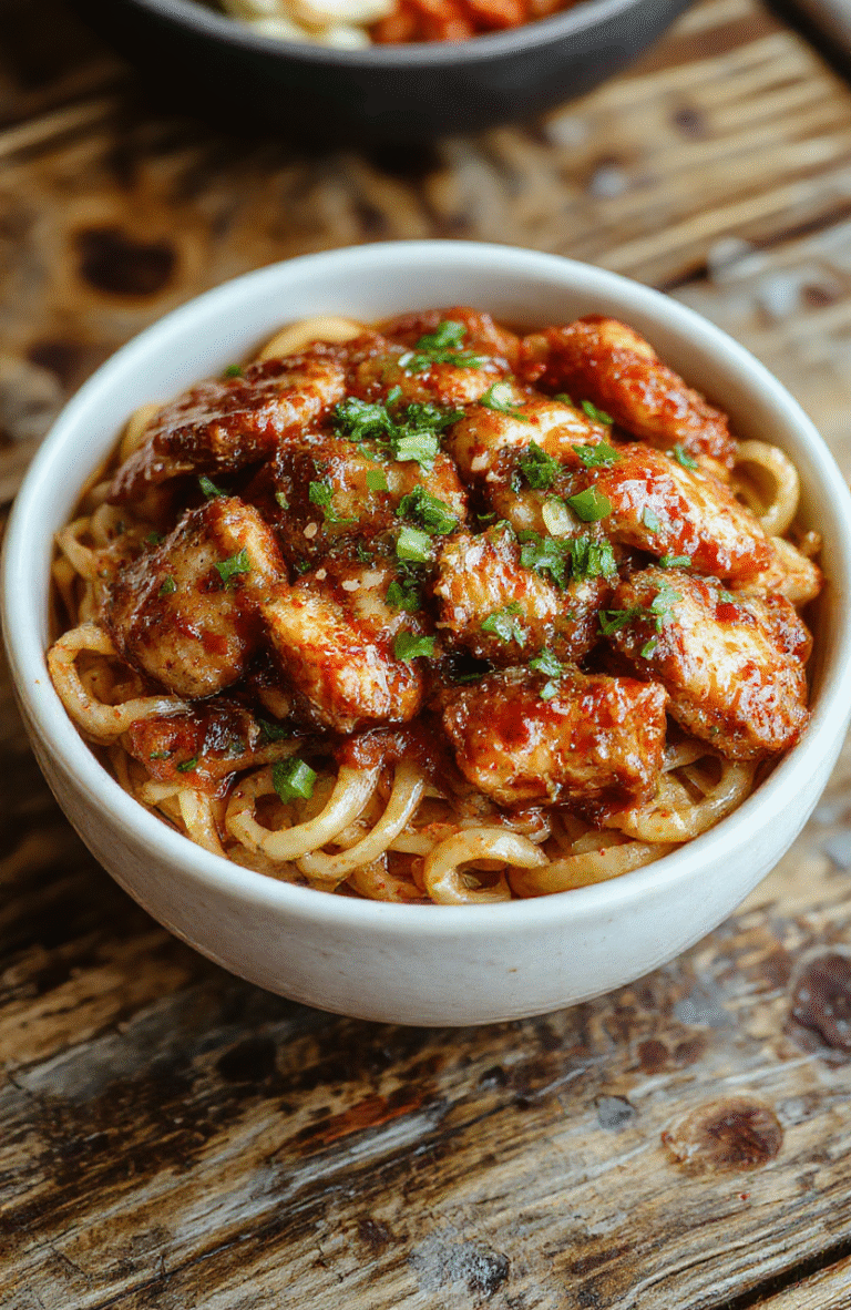 A vibrant plate of sticky garlic chicken noodles featuring glossy, caramelized chicken pieces atop tangle of tender noodles, garnished with chopped green onions and sesame seeds in a white ceramic bowl, styled on a rustic wooden table with soft natural daylight highlighting the caramelization and fresh ingredients