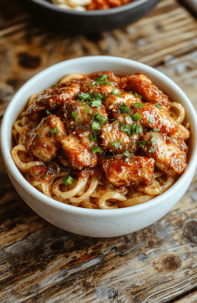 A vibrant plate of sticky garlic chicken noodles featuring glossy, caramelized chicken pieces atop tangle of tender noodles, garnished with chopped green onions and sesame seeds in a white ceramic bowl, styled on a rustic wooden table with soft natural daylight highlighting the caramelization and fresh ingredients