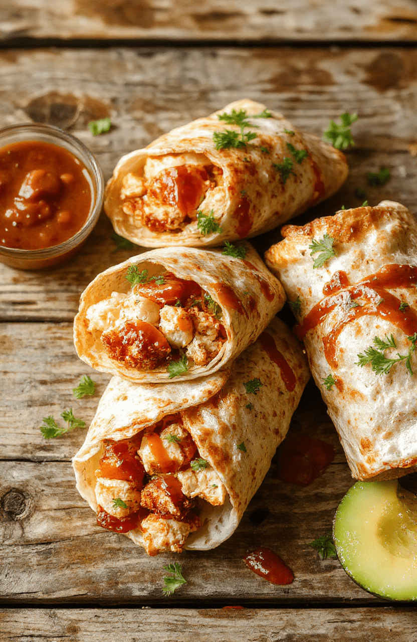 A vibrant plate of sweet chili chicken wraps featuring crispy grilled chicken slices, glossy sweet chili sauce, fresh lettuce, and shredded carrots wrapped in soft tortillas, arranged neatly on a wooden table with a rustic, casual style image capturing the textures and colors vividly.