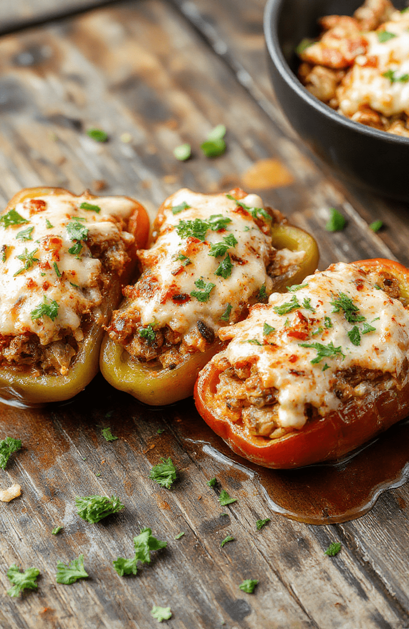Colorful stuffed peppers filled with seasoned taco meat, melted cheese, and fresh toppings, beautifully arranged on a rustic plate with a vibrant backdrop, textured surfaces, and a glossy finish.