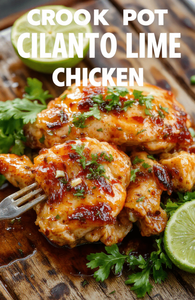 A vibrant dish featuring shredded chicken coated in fresh green cilantro and bright lime slices, served on a rustic white plate. The chicken appears tender and juicy, garnished with chopped cilantro and lime wedges. The background highlights a wooden table with a scattering of fresh herbs and lime slices, emphasizing freshness and zest. Textural contrasts are visible between the glossy chicken and crisp garnishes, styled simply for an appetizing presentation.