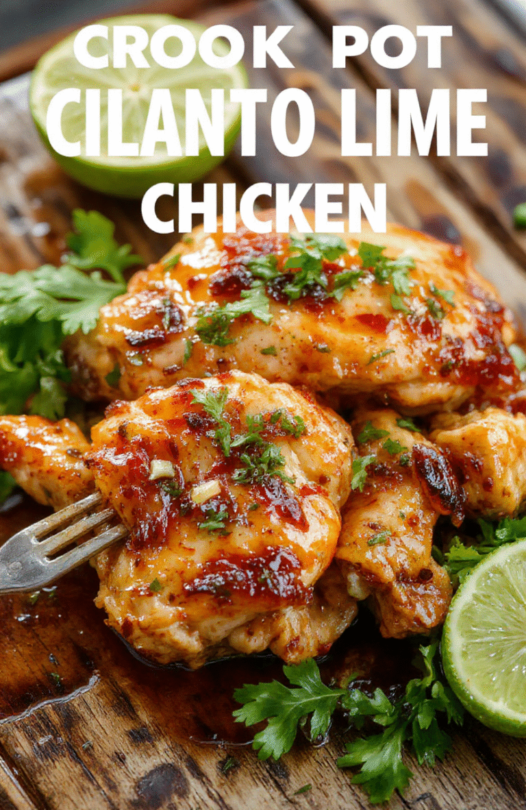 A vibrant dish featuring shredded chicken coated in fresh green cilantro and bright lime slices, served on a rustic white plate. The chicken appears tender and juicy, garnished with chopped cilantro and lime wedges. The background highlights a wooden table with a scattering of fresh herbs and lime slices, emphasizing freshness and zest. Textural contrasts are visible between the glossy chicken and crisp garnishes, styled simply for an appetizing presentation.