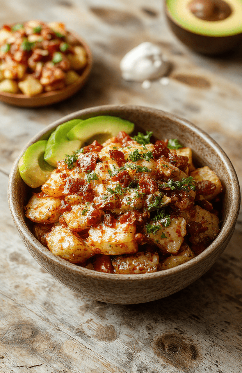 A vibrant loaded potato taco bowl featuring crispy golden roasted potatoes topped with colorful shredded cheese, fresh green lettuce, diced tomatoes, creamy sour cream, and seasoned ground beef. The bowl is styled on a rustic wooden surface with a sprinkle of herbs and a side of sliced lime, showcasing textures from crunchy ingredients to melted cheese and tender potatoes, with natural lighting highlighting the rich colors and appetizing presentation.