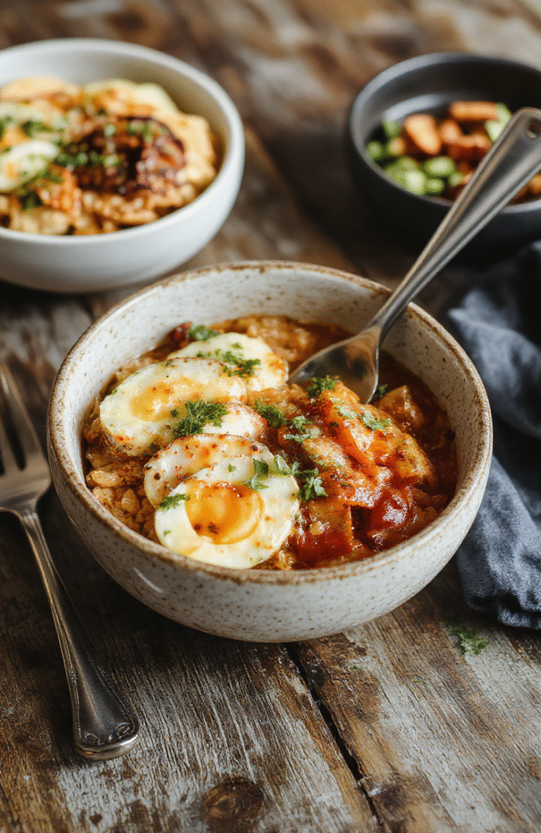 A vibrant taco rice bowl featuring seasoned ground beef, fresh diced tomatoes, shredded lettuce, grated cheese, and a dollop of sour cream arranged in a white ceramic bowl. The dish has bright reds, greens, and creamy whites with a textured mix of ingredients, placed on a rustic wooden table with natural daylight highlighting the colorful toppings.