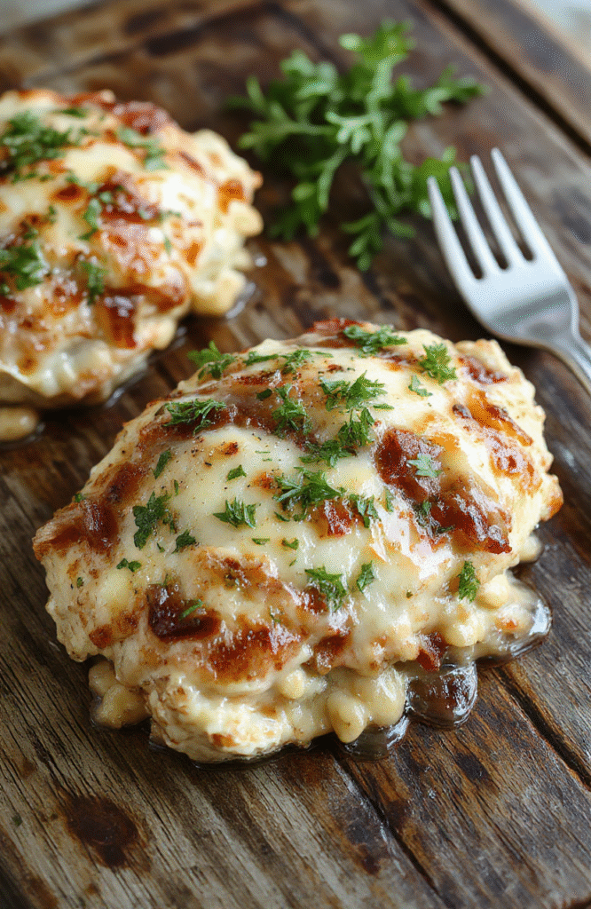 A bowl of golden-brown French Onion Chicken Orzo Casserole topped with melted cheese and caramelized onions, garnished with fresh herbs, styled on a rustic wooden table with warm ambient lighting, showcasing its cheesy, savory textures and vibrant colors.