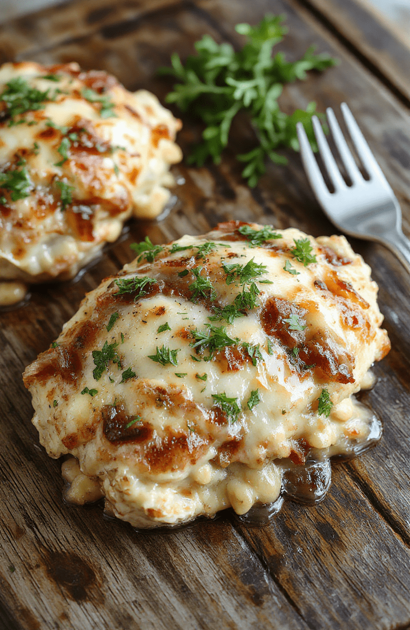 A bowl of golden-brown French Onion Chicken Orzo Casserole topped with melted cheese and caramelized onions, garnished with fresh herbs, styled on a rustic wooden table with warm ambient lighting, showcasing its cheesy, savory textures and vibrant colors.