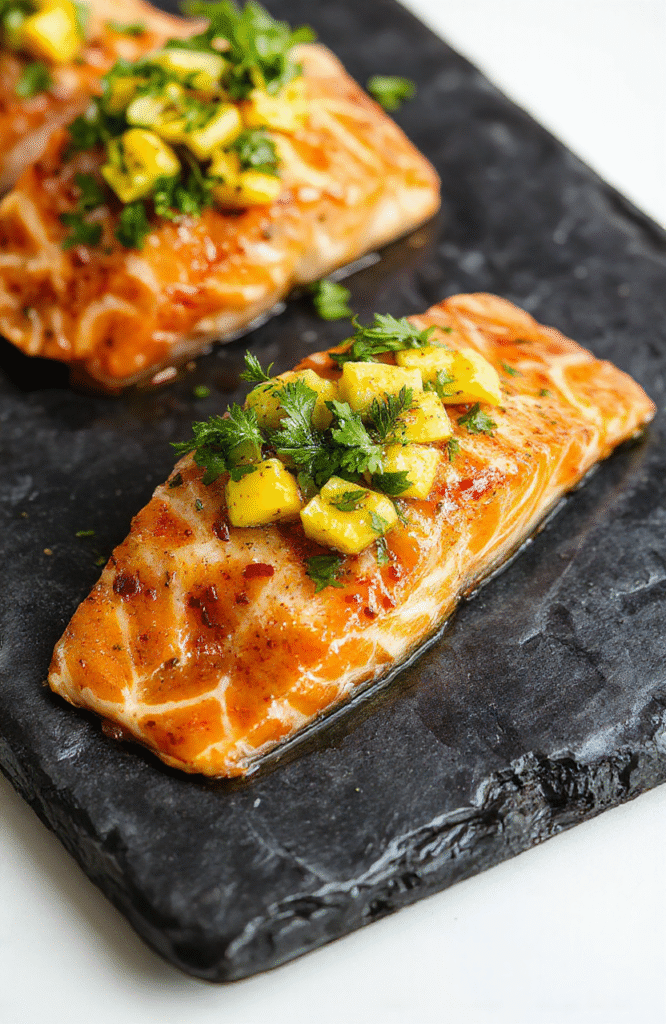 A vibrant plate of grilled salmon topped with fresh mango salsa featuring diced mango, red bell peppers, cilantro, and lime, arranged beautifully on a dark slate plate with colorful ingredients contrasting against the dark background, garnished with fresh herbs and lemon slices, textures of flaky salmon and juicy salsa are prominent, styled with a casual modern aesthetic