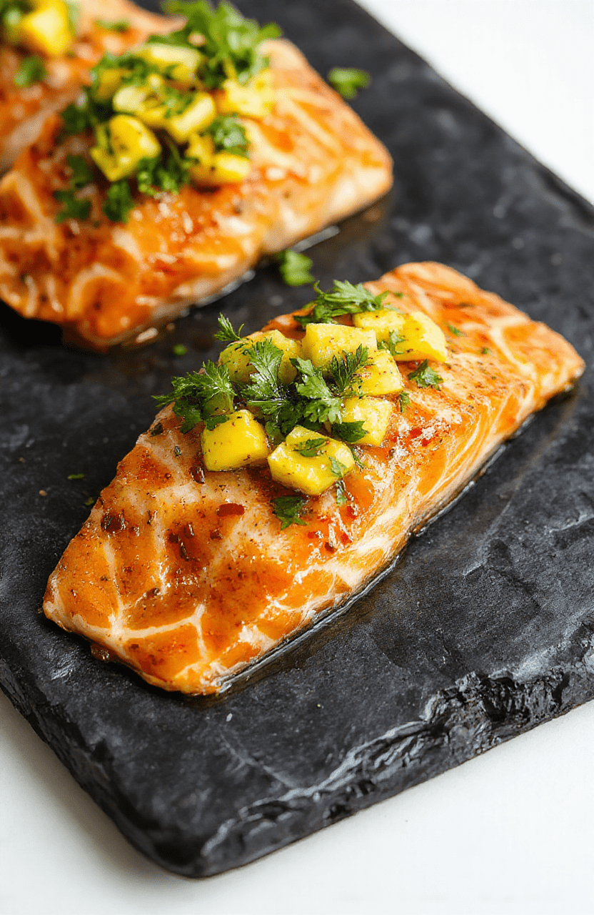 A vibrant plate of grilled salmon topped with fresh mango salsa featuring diced mango, red bell peppers, cilantro, and lime, arranged beautifully on a dark slate plate with colorful ingredients contrasting against the dark background, garnished with fresh herbs and lemon slices, textures of flaky salmon and juicy salsa are prominent, styled with a casual modern aesthetic