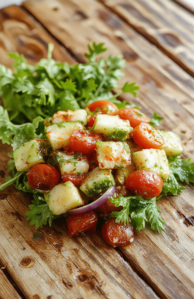 A vibrant Mediterranean salad featuring sliced cucumbers, ripe tomatoes, thinly sliced onions, and fresh herbs, arranged on a white ceramic plate with olive oil drizzled on top. The colorful ingredients are beautifully plated, showcasing their textures and freshness, styled with a rustic wooden table background.
