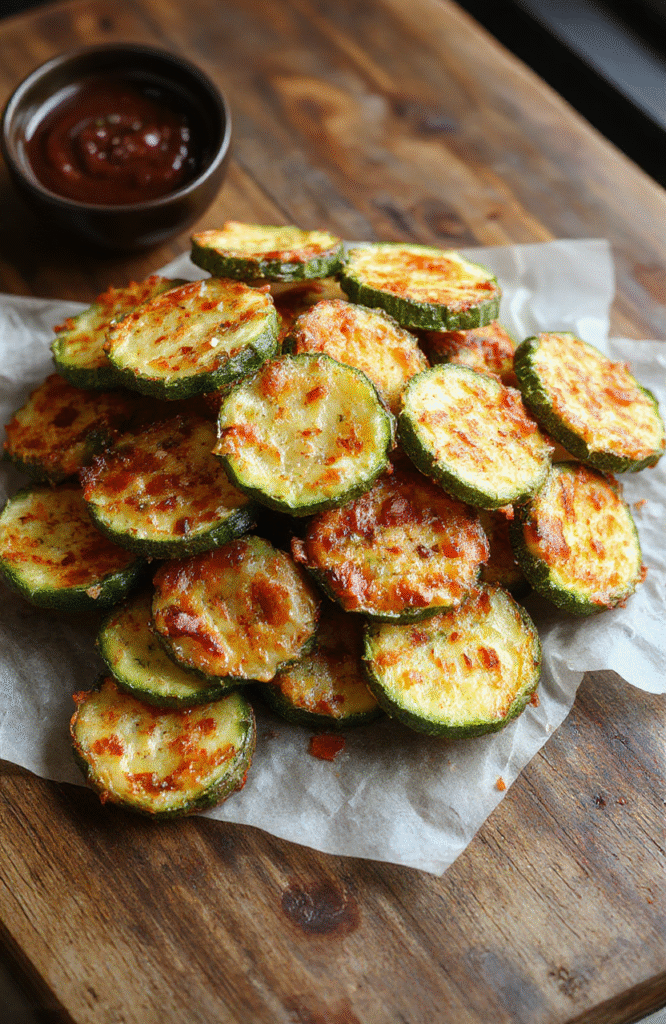 Colorful crispy zucchini fries arranged neatly on a white plate, golden-brown exterior with a hint of green from fresh zucchini, served with a light herb dipping sauce, styled simply with a rustic wooden background, textures of crunchy coating contrasting with tender zucchini, vibrant and appetizing appearance.