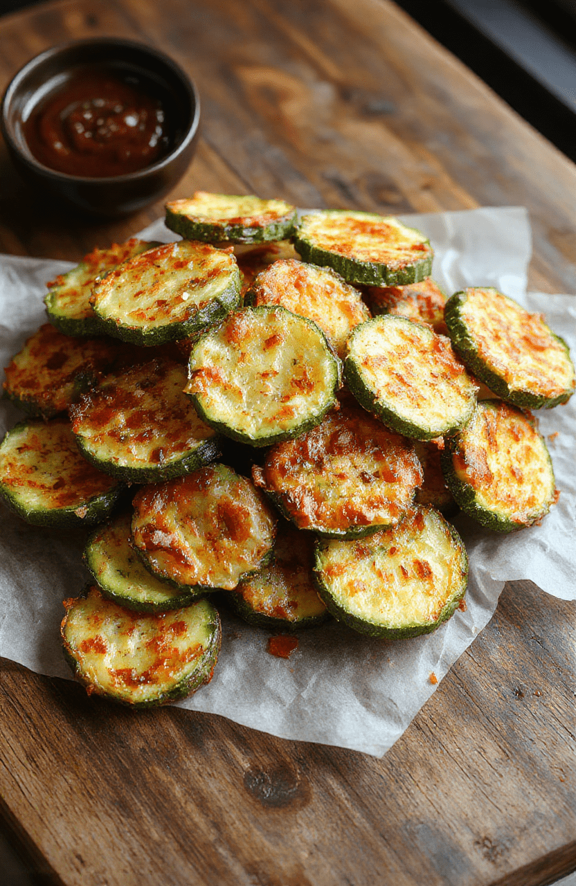 Colorful crispy zucchini fries arranged neatly on a white plate, golden-brown exterior with a hint of green from fresh zucchini, served with a light herb dipping sauce, styled simply with a rustic wooden background, textures of crunchy coating contrasting with tender zucchini, vibrant and appetizing appearance.