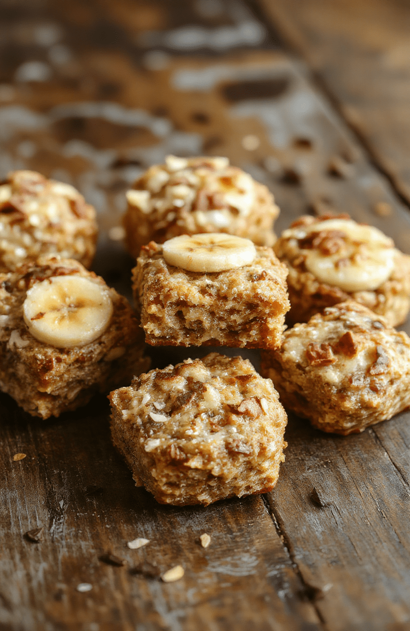 Colorful banana oatmeal bars plated on a rustic wooden board, showcasing golden-brown crust with visible chunks of banana and oat textures, styled simply with fresh banana slices and a sprinkle of cinnamon for an inviting look.