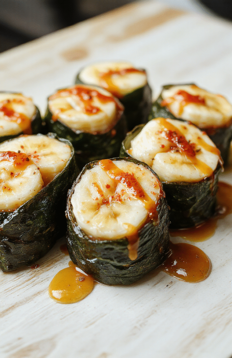 Colorful banana sushi rolls placed on a light wooden platter, showcasing slices of fresh banana wrapped in seaweed and rice, garnished with vibrant fruit toppings, with a blurred background of a cheerful kitchen setting.
