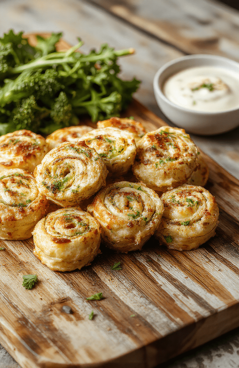 A vibrant plate of broccoli cheese pinwheels showcasing golden-brown flaky pastry filled with bright green broccoli and melted cheese, arranged neatly on a rustic wooden surface with a soft focus background, styled for an appealing family-friendly meal.
