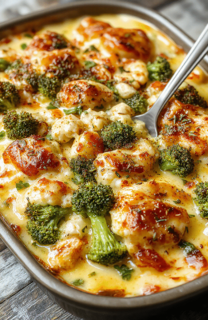 A vibrant broccoli chicken casserole in a white ceramic dish, topped with melted cheese and fresh herbs, surrounded by steamed broccoli florets, colorful ingredients contrast against a rustic wooden table, textures of gooey cheese and crisp broccoli visible, appealing and hearty presentation.