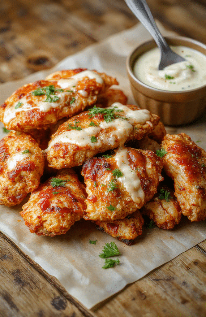 Colorful plate featuring crispy baked buffalo ranch chicken strips drizzled with creamy ranch sauce, garnished with fresh herbs on a rustic wooden board, with a vibrant orange buffalo sauce coating the chicken, contrasted by a side of crisp greens and cherry tomatoes, styled simply for an appetizing casual meal.