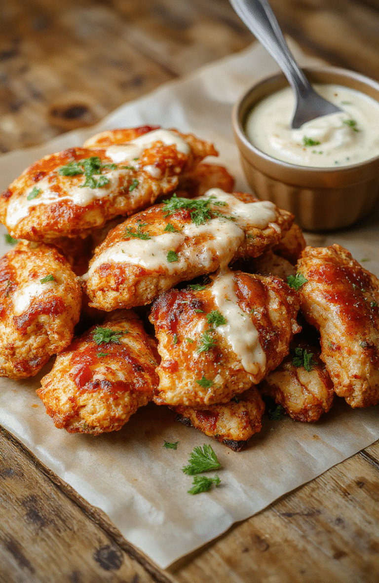 Colorful plate featuring crispy baked buffalo ranch chicken strips drizzled with creamy ranch sauce, garnished with fresh herbs on a rustic wooden board, with a vibrant orange buffalo sauce coating the chicken, contrasted by a side of crisp greens and cherry tomatoes, styled simply for an appetizing casual meal.