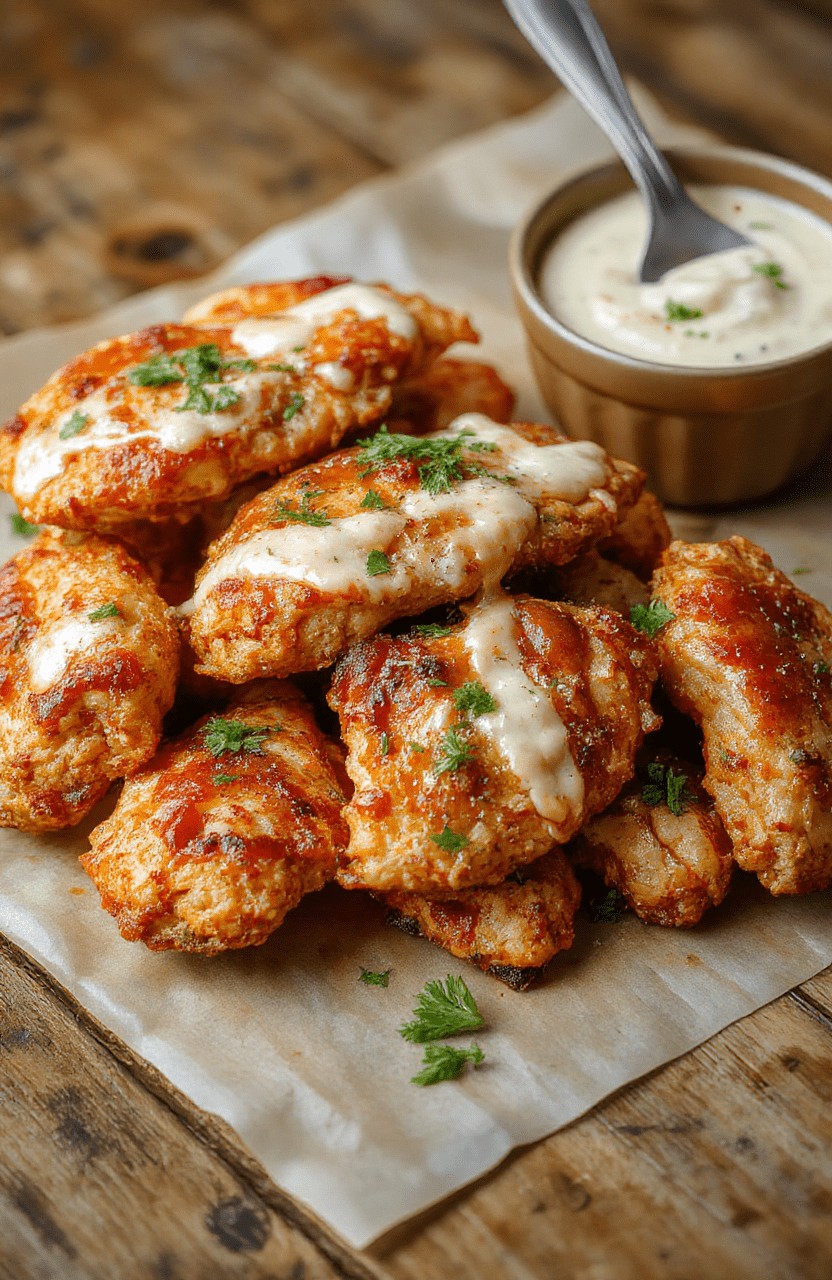 Colorful plate featuring crispy baked buffalo ranch chicken strips drizzled with creamy ranch sauce, garnished with fresh herbs on a rustic wooden board, with a vibrant orange buffalo sauce coating the chicken, contrasted by a side of crisp greens and cherry tomatoes, styled simply for an appetizing casual meal.