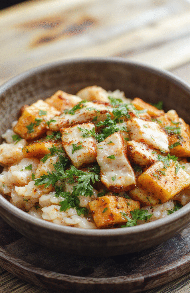 A colorful rice bowl featuring tender chicken slices, roasted sweet potatoes, vibrant greens, and a drizzle of sauce, arranged on a rustic wooden plate with fresh herbs and a backdrop of natural daylight.