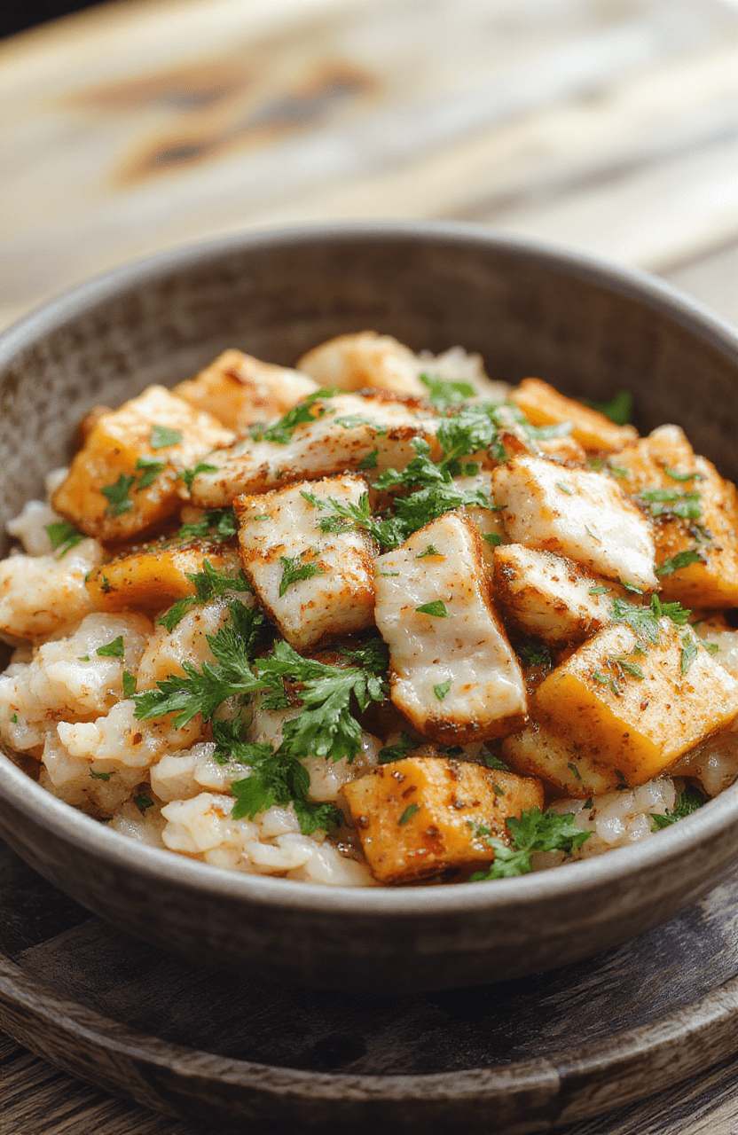 A colorful rice bowl featuring tender chicken slices, roasted sweet potatoes, vibrant greens, and a drizzle of sauce, arranged on a rustic wooden plate with fresh herbs and a backdrop of natural daylight.