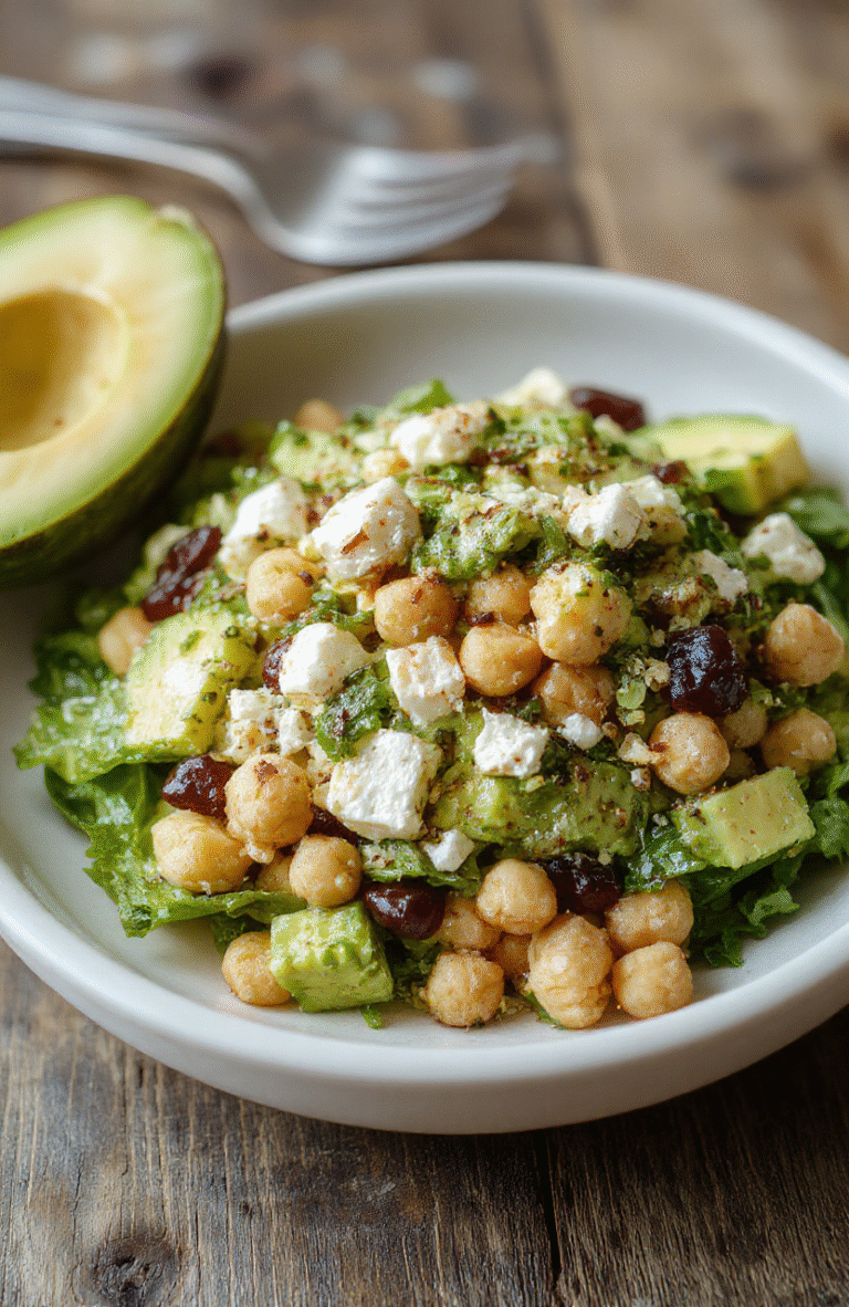 A vibrant bowl of healthy chickpea feta avocado salad featuring creamy avocado chunks, crisp chickpeas, and crumbled feta cheese, all arranged beautifully with fresh herbs on a white plate. The colorful ingredients contrast against a rustic wooden background, highlighting textures and freshness, styled simply for an inviting, wholesome look.