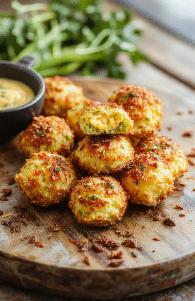 Golden brown crispy broccoli cheese rounds arranged on a white plate, vibrant green broccoli visible through melted and baked cheese, garnished with fresh herbs, styled simply on a rustic wooden surface with natural daylight highlighting the textures.