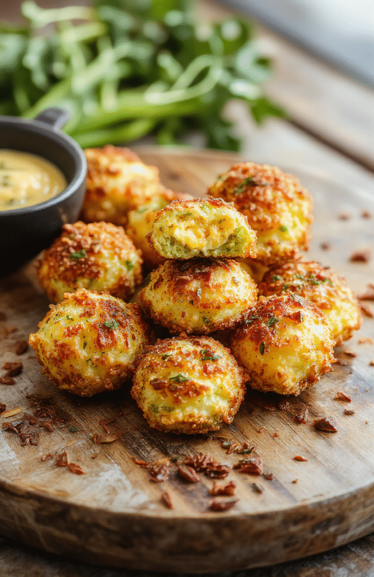Golden brown crispy broccoli cheese rounds arranged on a white plate, vibrant green broccoli visible through melted and baked cheese, garnished with fresh herbs, styled simply on a rustic wooden surface with natural daylight highlighting the textures.