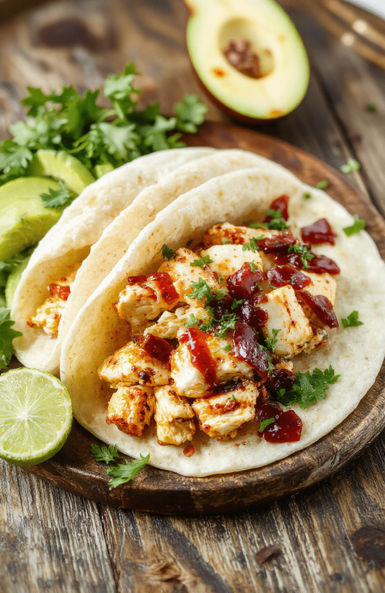 Colorful plate of shredded chicken tacos with vibrant toppings including fresh cilantro, diced tomatoes, and sliced avocado, served on a rustic white plate. The tacos are wrapped in soft corn tortillas, with a side of lime wedges, arranged neatly on a wooden platter. The textures of the tender chicken, crispy vegetables, and creamy avocado contrast beautifully, styled simply with a clean background and natural lighting highlighting the appetizing ingredients.