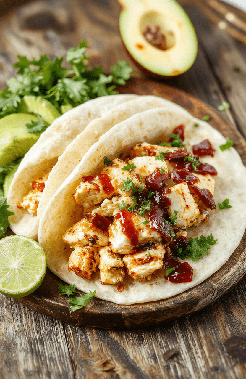 Colorful plate of shredded chicken tacos with vibrant toppings including fresh cilantro, diced tomatoes, and sliced avocado, served on a rustic white plate. The tacos are wrapped in soft corn tortillas, with a side of lime wedges, arranged neatly on a wooden platter. The textures of the tender chicken, crispy vegetables, and creamy avocado contrast beautifully, styled simply with a clean background and natural lighting highlighting the appetizing ingredients.