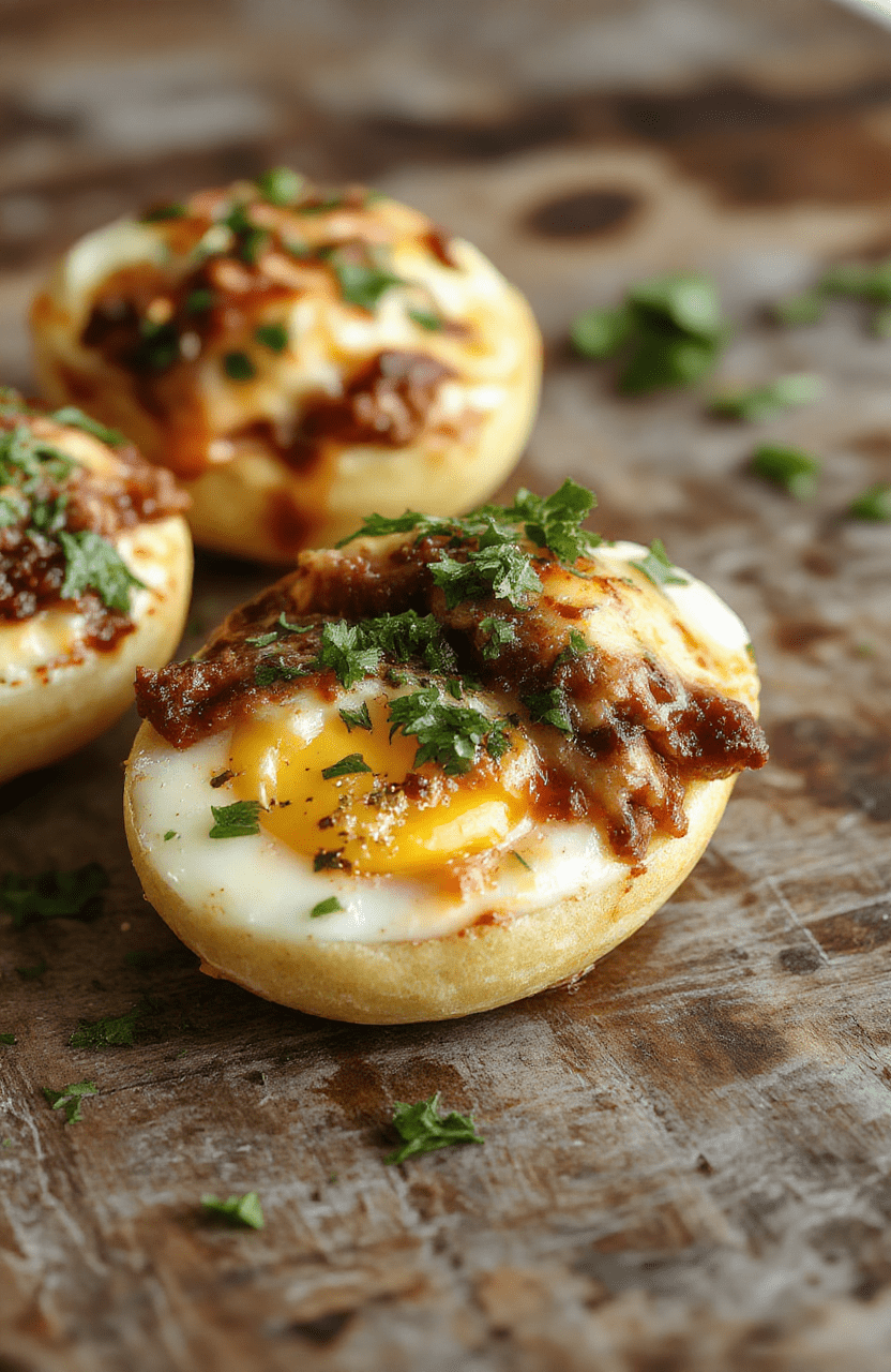 Colorful arrangement of beef, melted cheese, and fluffy eggs baked in muffin tins, garnished with fresh herbs on a white plate, with a rustic wooden background, textures of crispy edges and gooey cheese highlighted, styled in a casual, inviting manner.