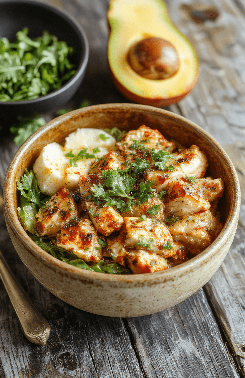 A vibrant Mediterranean chicken bowl featuring grilled chicken, cherry tomatoes, cucumber slices, olives, and crumbled feta cheese arranged in a colorful bowl with fresh herbs on top, set on a rustic wooden table with natural daylight highlighting the textures and freshness of the ingredients.