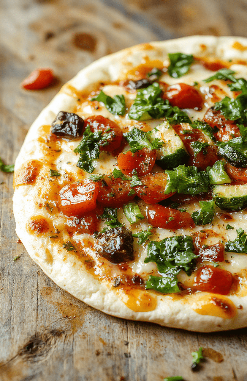 Colorful assortment of pita pizzas topped with fresh vegetables and melted cheese, arranged on a rustic wooden table, vibrant and appetizing.