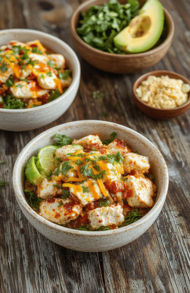 Colorful Southwest chicken burrito bowls featuring seasoned grilled chicken, fresh vibrant vegetables like diced tomatoes, corn, and black beans, topped with melted cheese and fresh cilantro, arranged in rustic bowls with lime wedges and a side of crispy tortilla chips, styled in natural light with a bright, inviting atmosphere.