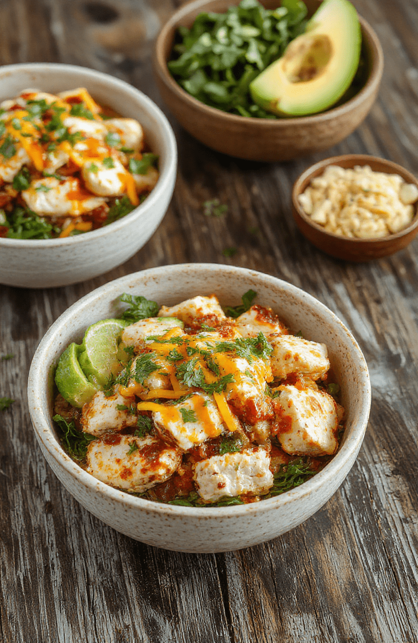 Colorful Southwest chicken burrito bowls featuring seasoned grilled chicken, fresh vibrant vegetables like diced tomatoes, corn, and black beans, topped with melted cheese and fresh cilantro, arranged in rustic bowls with lime wedges and a side of crispy tortilla chips, styled in natural light with a bright, inviting atmosphere.