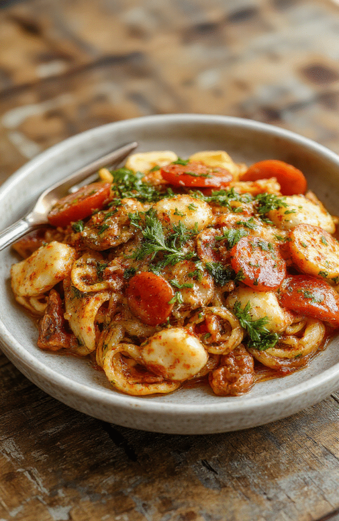 A vibrant plate of vegetarian tomato zucchini pasta featuring bright red cherry tomatoes, green zucchini noodles, topped with fresh herbs and a drizzle of olive oil, arranged neatly on a rustic white plate with a blurred wooden background.