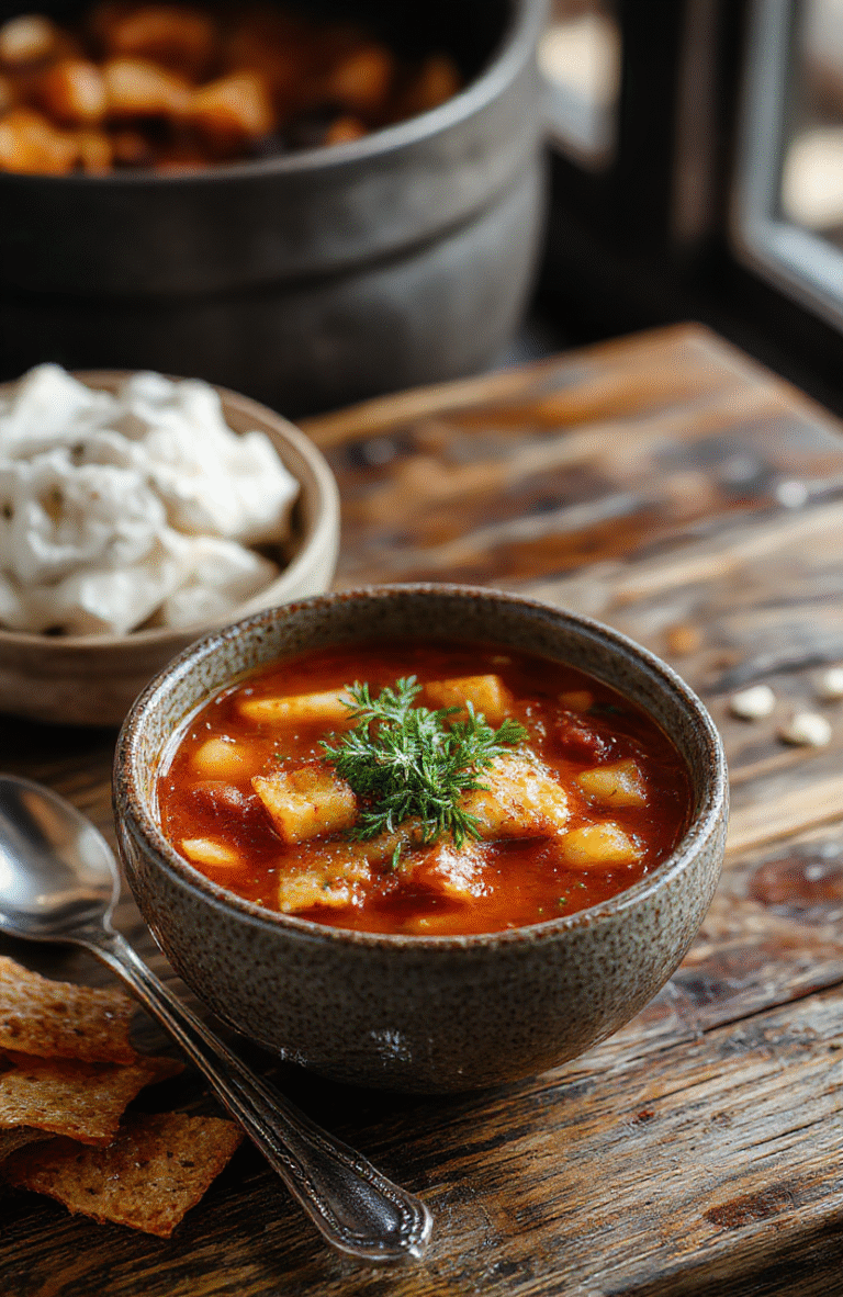A vibrant bowl of cowboy soup featuring chunks of beef, tender vegetables, and beans in a rich broth, garnished with fresh herbs, served on a rustic wooden table with a cozy background.