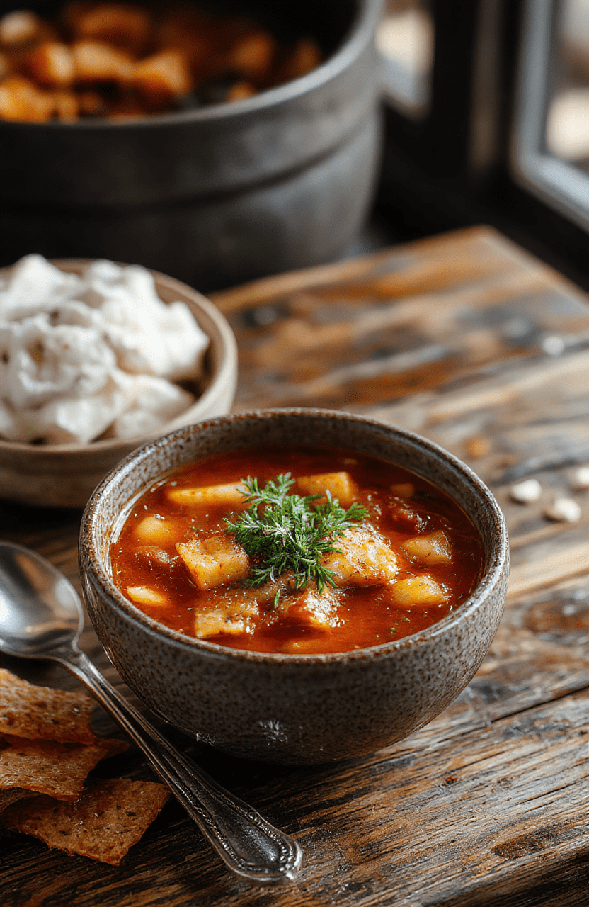 A vibrant bowl of cowboy soup featuring chunks of beef, tender vegetables, and beans in a rich broth, garnished with fresh herbs, served on a rustic wooden table with a cozy background.